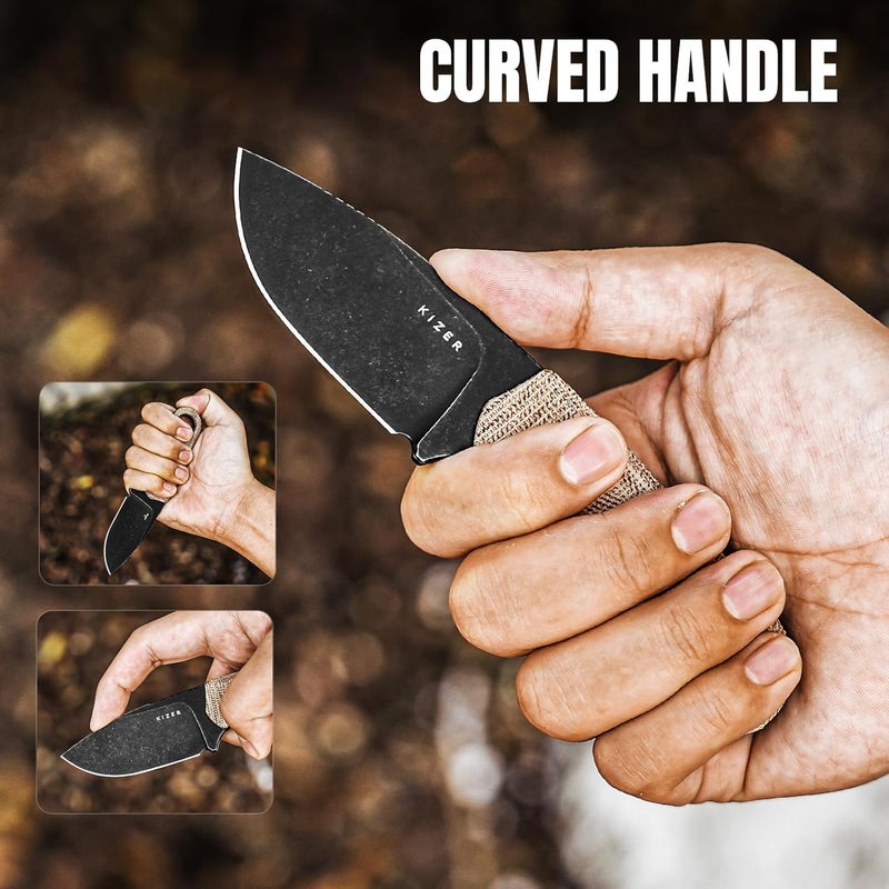 KIZER Beaver Fixed Blade Knife with Sheath, 2.75" D2 Steel Blade EDC Fixed Blade Camping Knife with Brown Micarta and Black G10 Handle, Small Bushcraft Survival Hunting Knives for Men Women, 1078M2 - Image 5